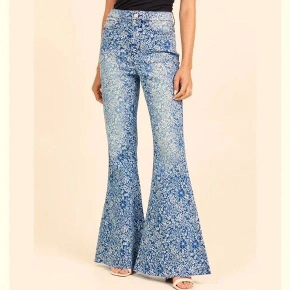 Altar'd State Womens Boho Flare Jeans Size 31 Blue Denim Floral Bell Bottom
